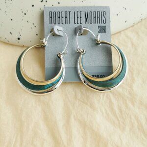 Robert Lee Morris Soho Two Tone Green Enamel Crescent Hoop Earrings Modern Chic
